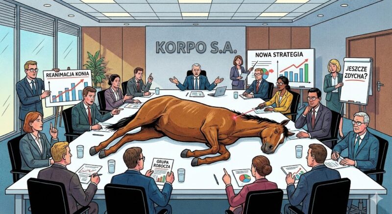 Zarząd firmy przy stole z martwym koniem – metafora błędnej strategii w biznesie